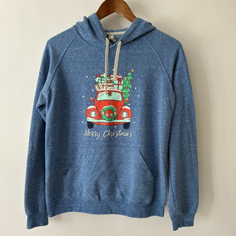 Jerzees Womens Med Fleece Pullover Hoodie Heather Blue Holiday Christmas Graphic